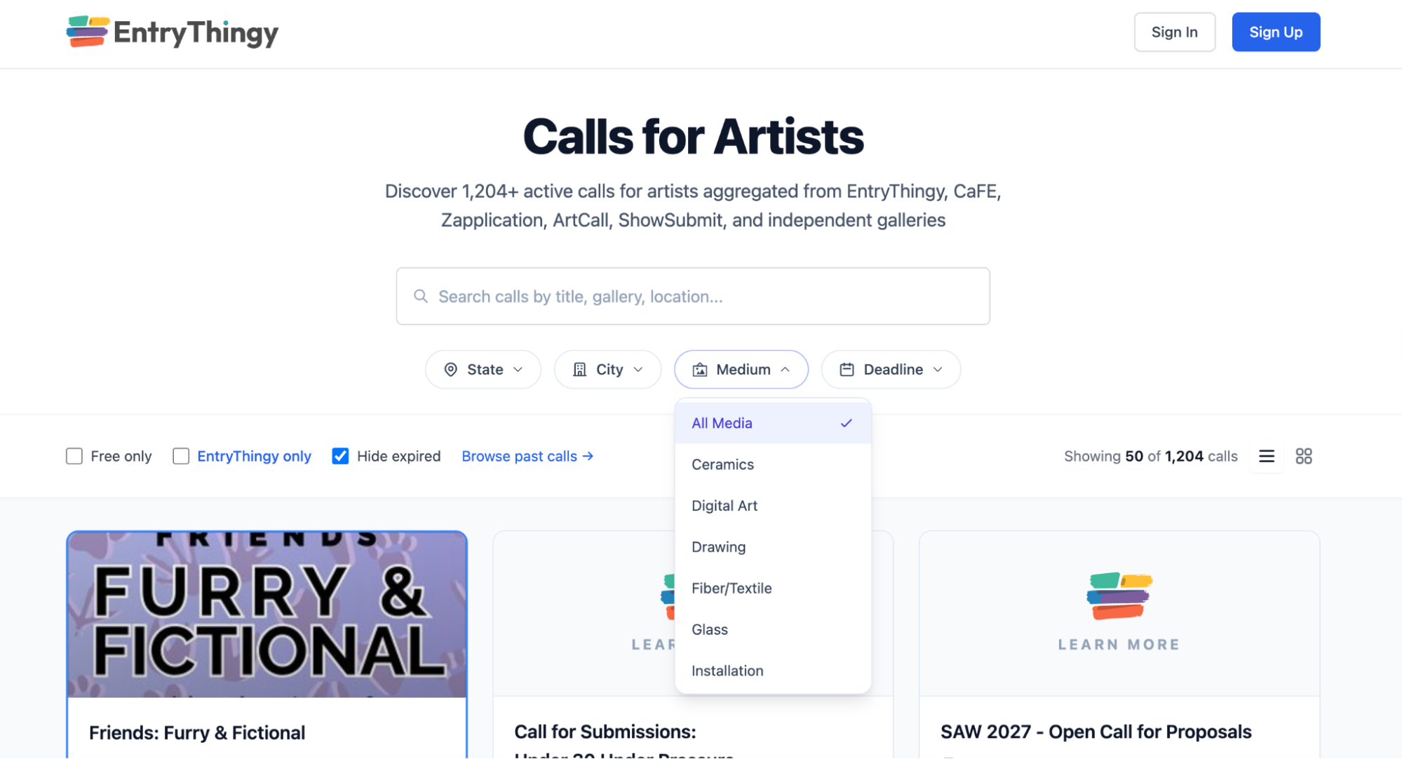 EntryThingy call listing showing upfront exhibition details