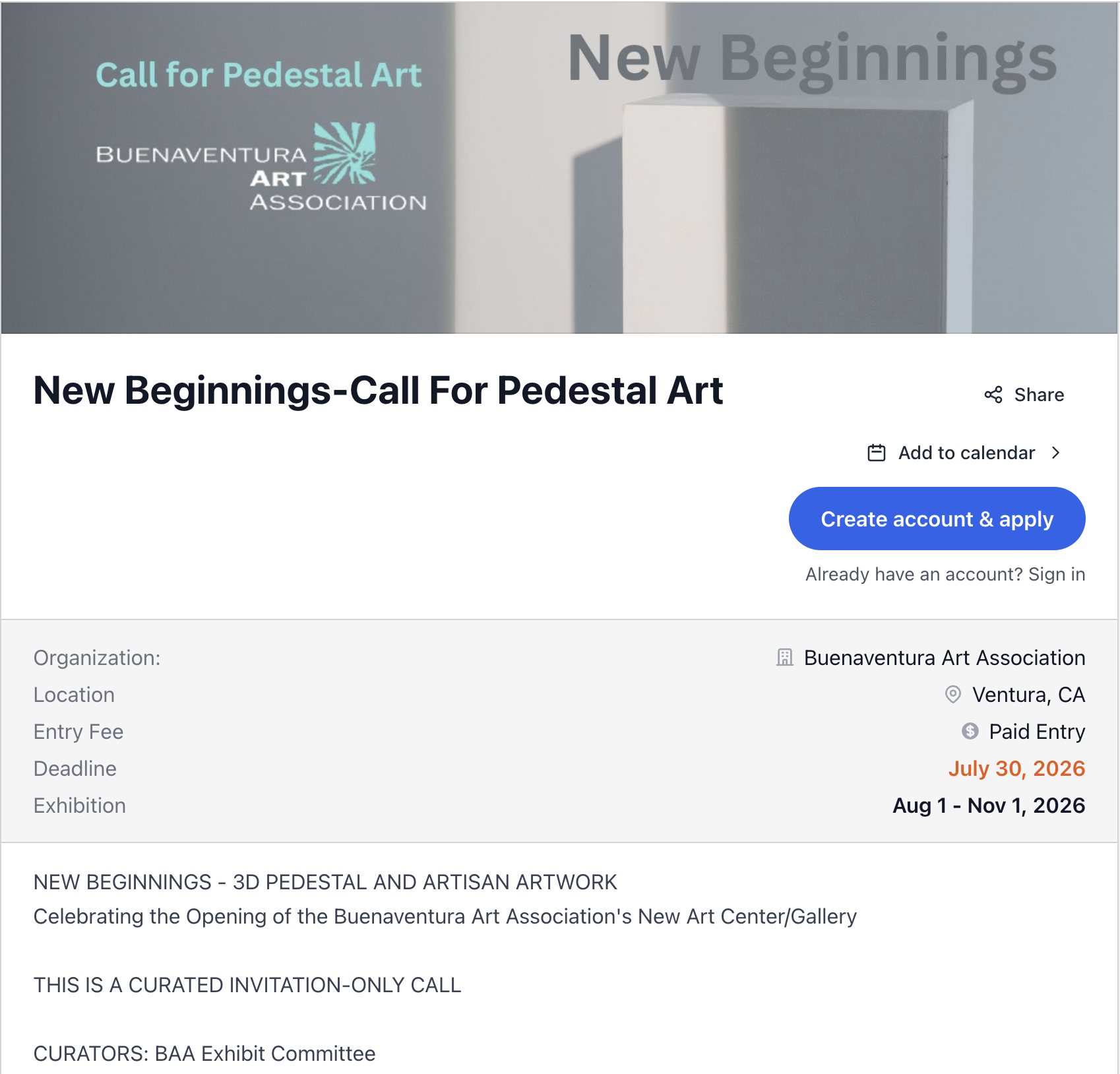 EntryThingy call listing showing medium, location, fee, and deadline