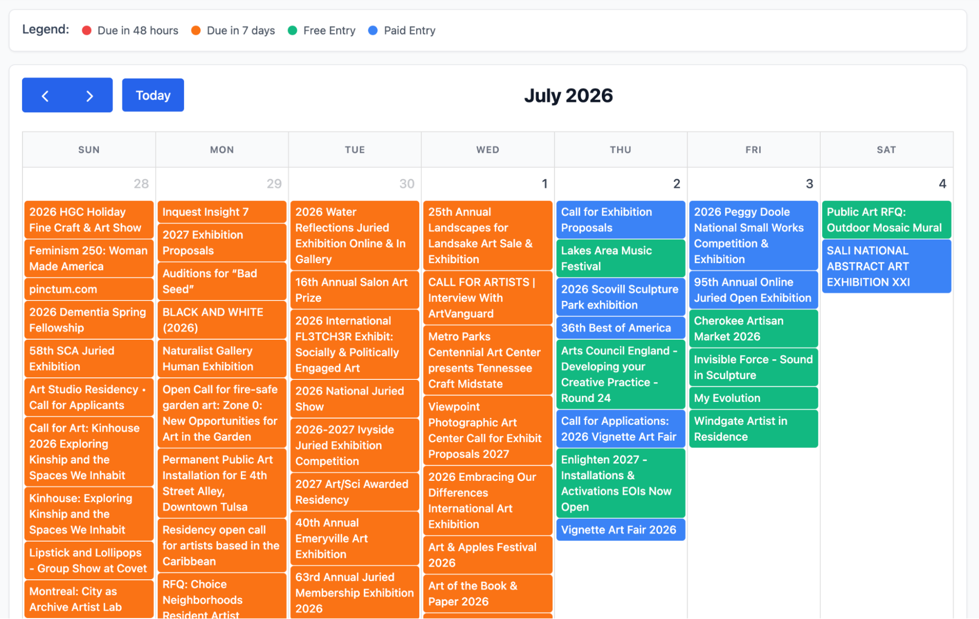 EntryThingy calendar view showing open art calls color-coded by deadline urgency