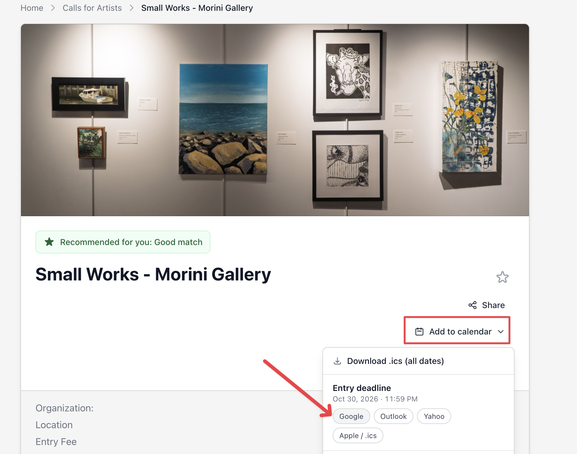 Add to calendar options for the entry deadline on an EntryThingy call page