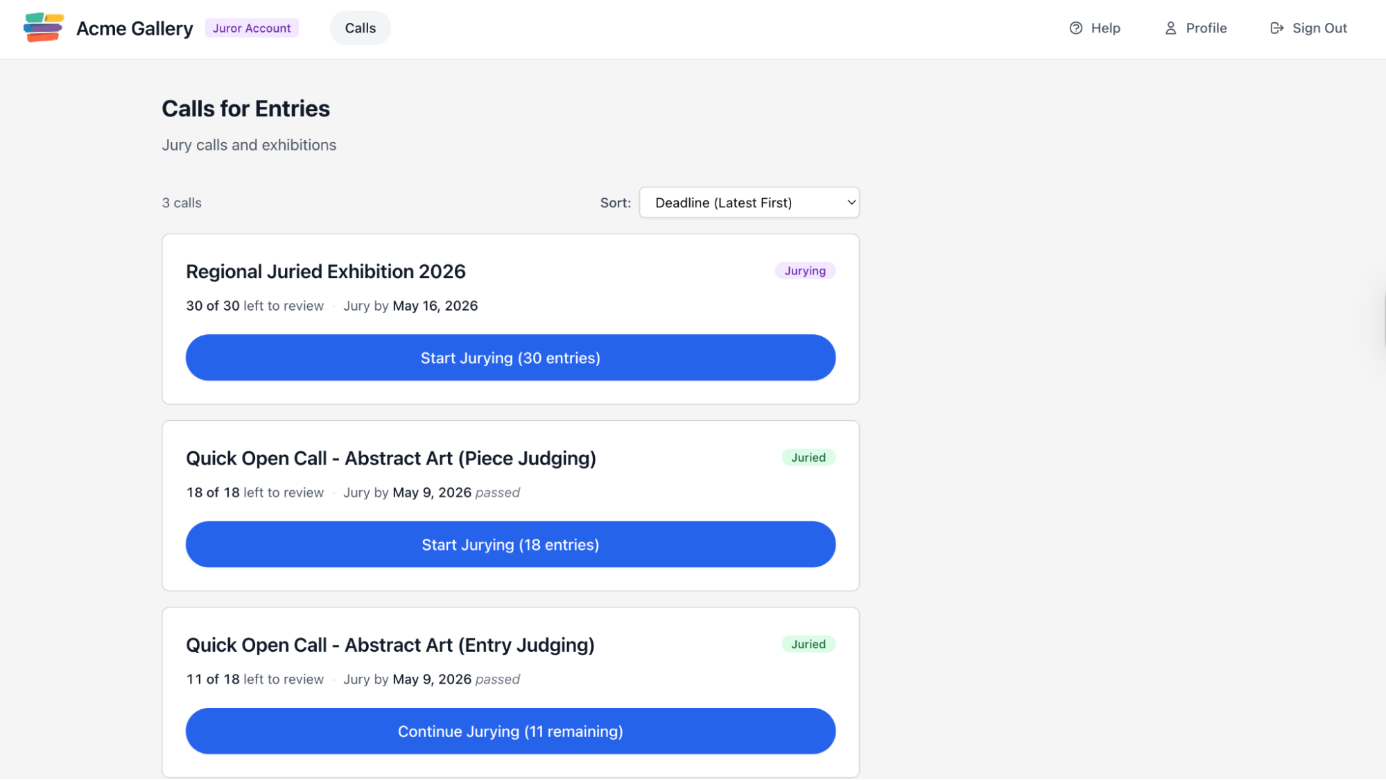 Jury results due date shown next to a call in the juror dashboard