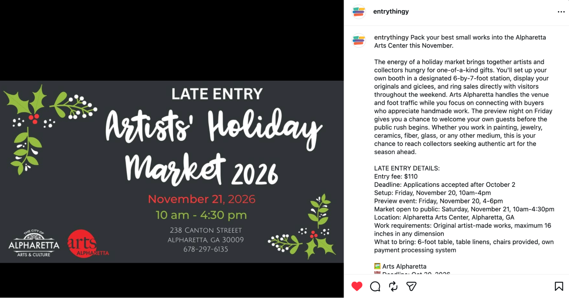 EntryThingy Instagram post featuring a call for artists