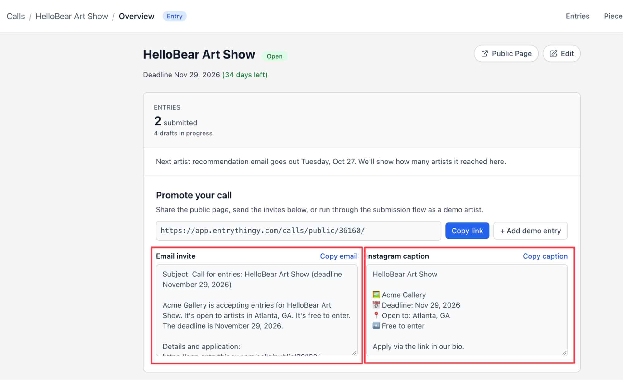 Copy email and Copy caption buttons under Promote your call