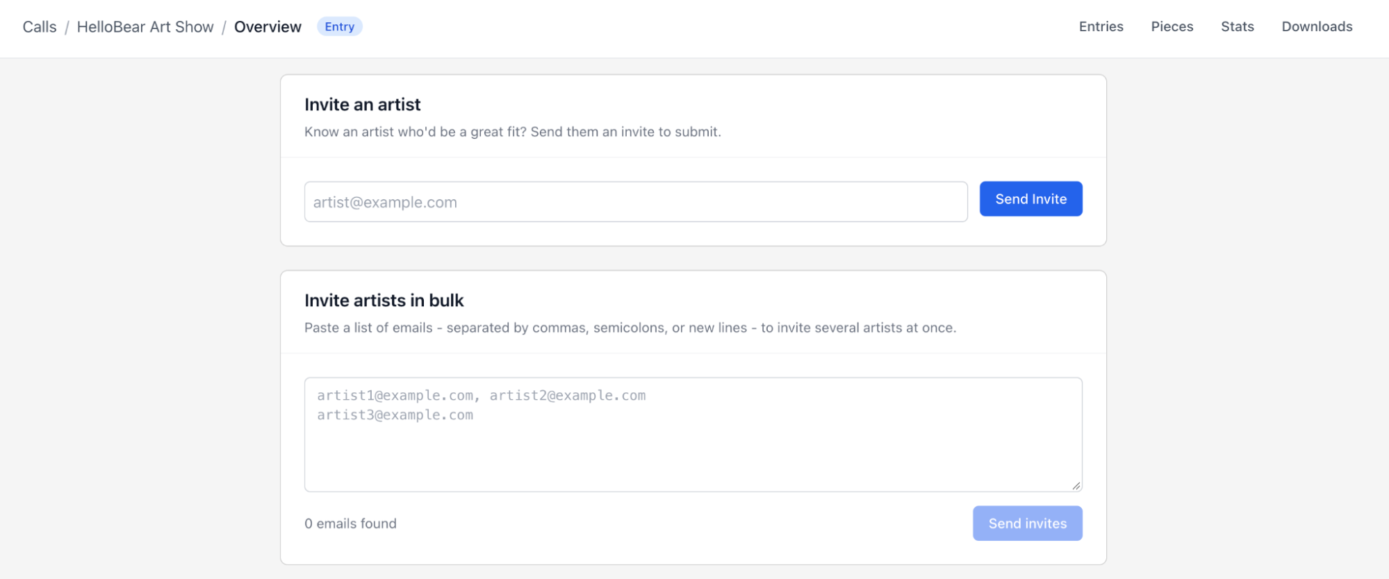 Invite an artist and Invite artists in bulk fields on the call Overview