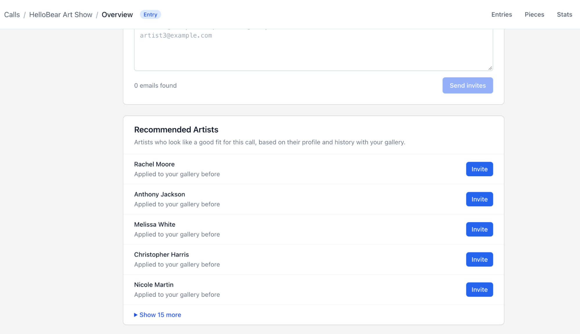 Recommended Artists list with the reason each artist was suggested and an Invite button