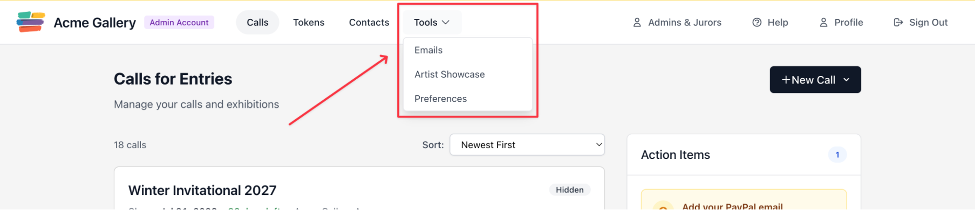 Emails tool location under Tools in the admin navigation