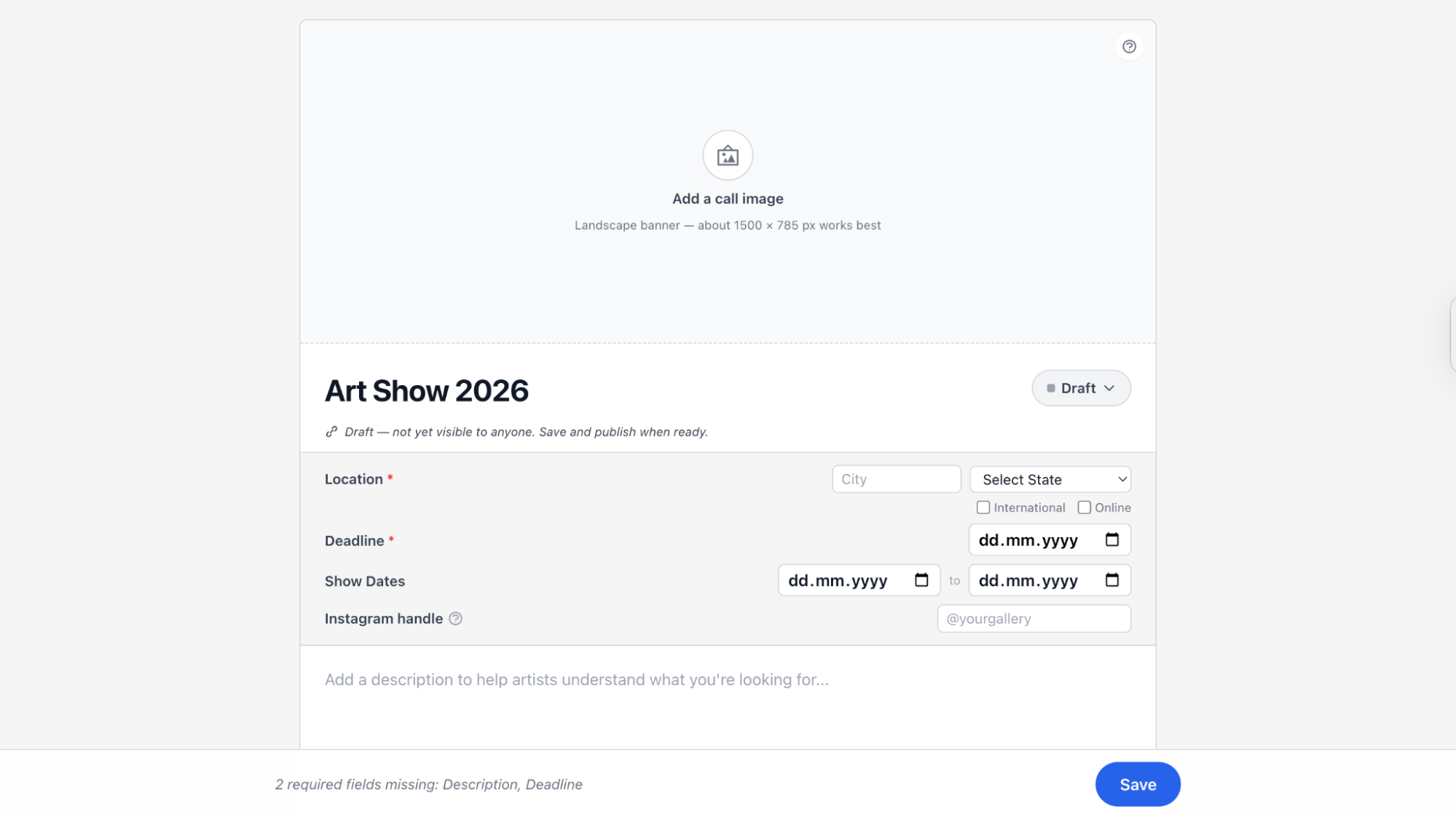 Call setup page with essential call details fields