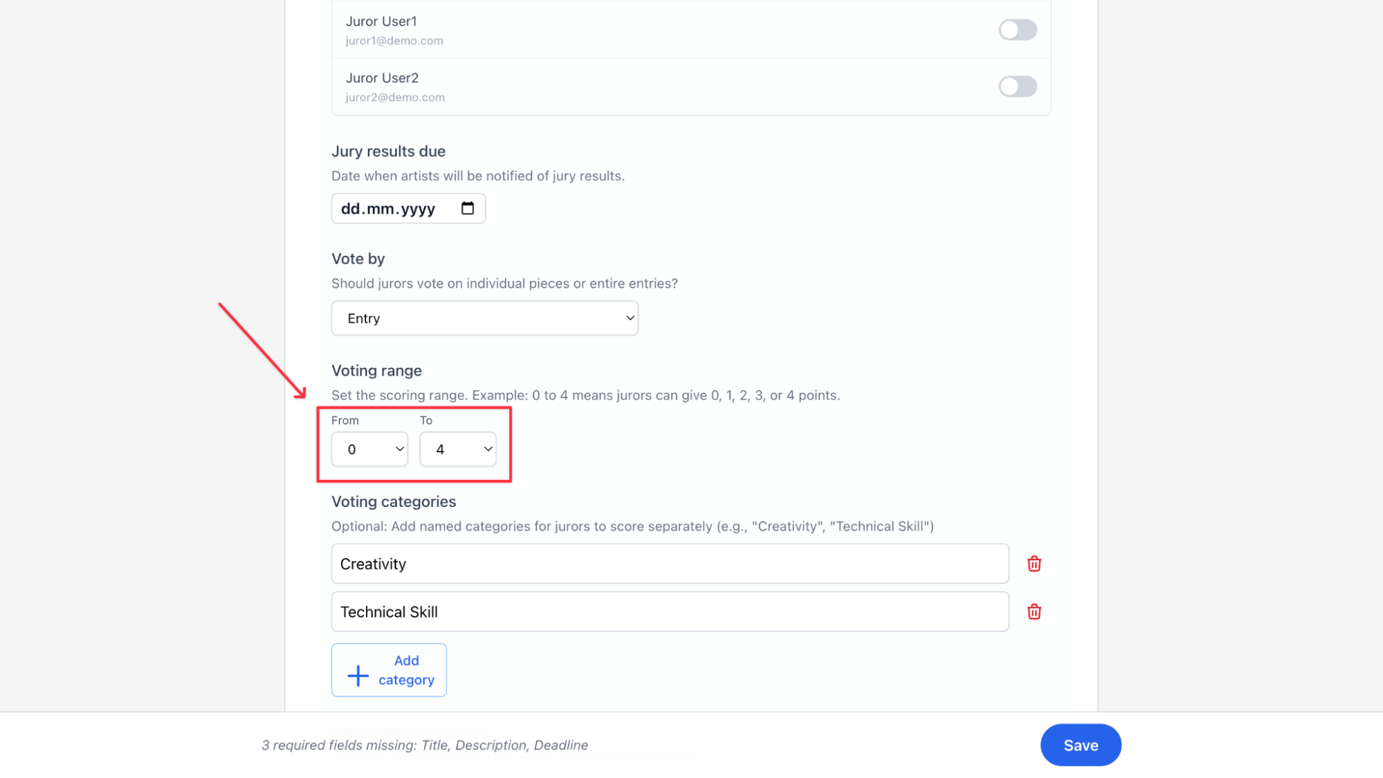 Voting range From and To value fields in the call settings