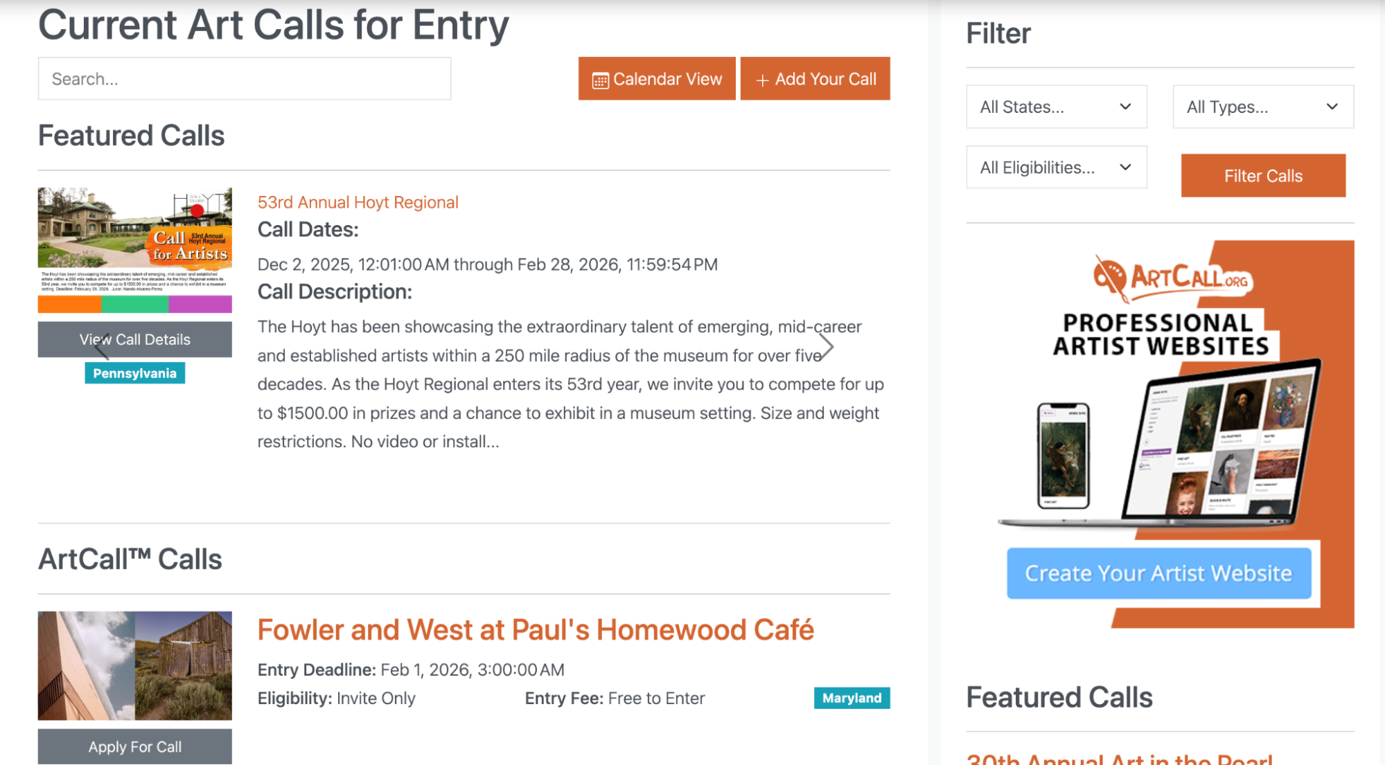 ArtCall platform screenshot